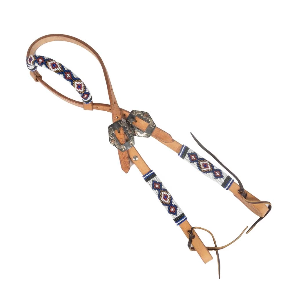 Teskey's One Ear Maroon/Blue/Gold/White Beaded Headstall