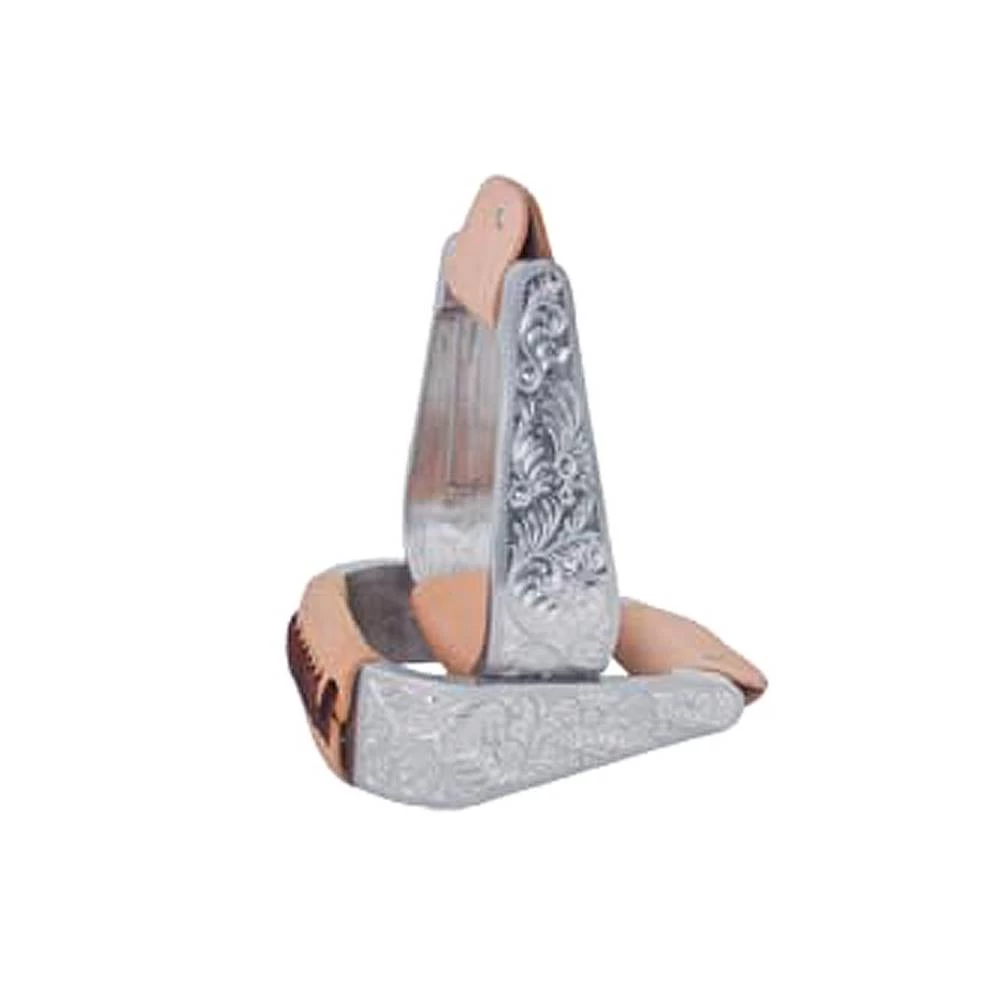 Engraved Aluminum Bell Stirrups With Leather Tread